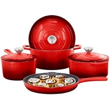 MegaChef 7 Piece Enameled Cast Iron Cookware Set in Red