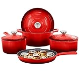 MegaChef 7 Piece Enameled Cast Iron Cookware Set in Red