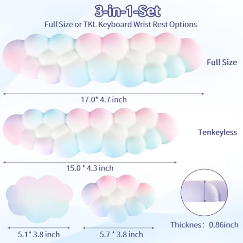 Image of Sushret Cloud Wrist Rest Keyboard, Cloud Keyboard Wrist Pad Set with PU Leather Memory Foam, Cute Arm Rest for Palm Support, PC /Gaming Desk Accessories /Office Setup /Computer Hand Cushion - Rainbow