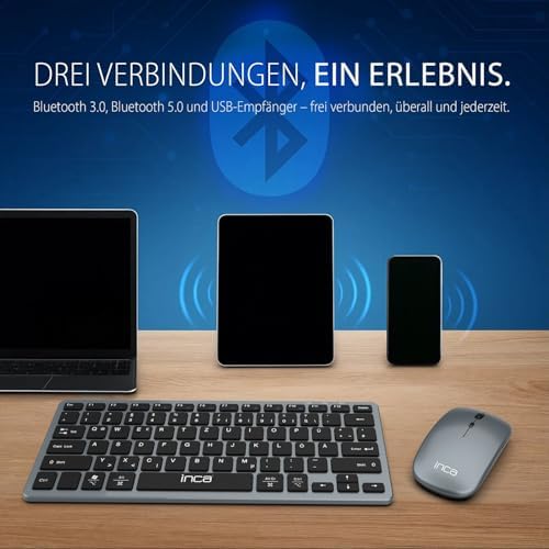Inca IBK-572 Kablosuz Klavye Mouse Seti - Bluetooth 3.0/5.0 + 2.4G, Şarjlı 180mAh Klavye & 500mAh, Sessiz Tuş, 4D Mouse, 78 Tuş, 10M Menzil, PC, MAC, iOS, Android Uyumlu, Ultra İnce, Hafif - Görsel 2