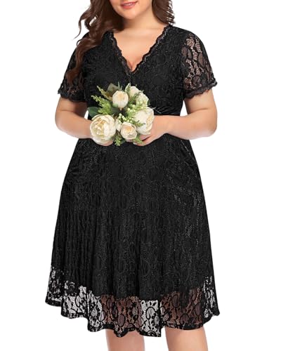 Image of Women's Wedding Guest Plus Size Semi Formal Cocktail Lace Wrap V Neck Short Sleeve Knee Length Dress