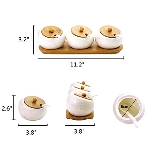 Alwaysuc Modern Design Porcelain Jar, Ceramic Serving Spoon, Bamboo Tray Perfect Canister For Sugar Bowl Serving Tea, Coffee, Spice Best Pottery Cruet Pot For Your Home, Kitchen, Counter. #TOP1