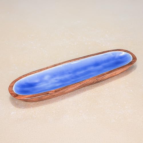 Image of Snack Attack Serving Platter | Acacia Wood Multipurpose Platter for Snacks, Fruits & Desserts | Vibrant Blue Decorative Tableware for Home & Kitchen