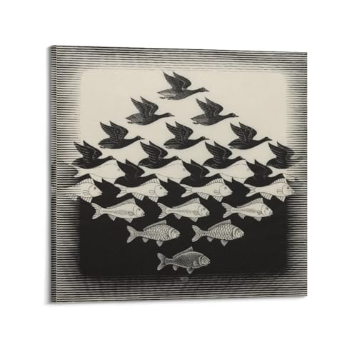 Impression d'art Sky And Water I M.C. Escher affiche oiseaux et poissons 60x60 cm