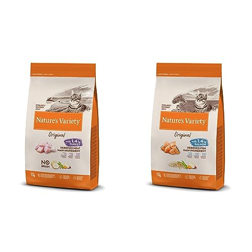 Nature's Variety Original No Grain, Pienso para Gatos Adultos Esterilizados, Sin Cereales, con Pavo Deshuesado, 7kg & Original, Pienso para Gatos Adultos Esterilizados con Salmón sin Espinas, 7kg