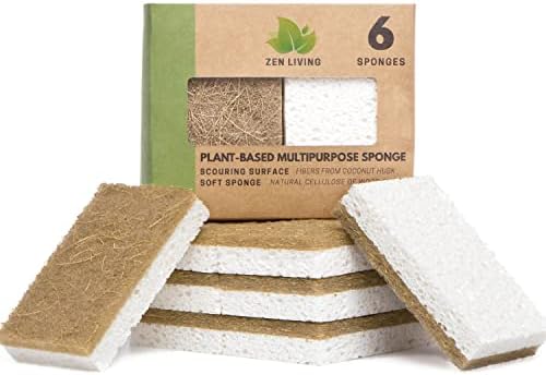 Zen Living Natural Sponge - Eco-Friendly Scrub Sponges for Kitchen - Non Scratch Odor Free Biodegradable Plant Based Scrubber Pads for Cleaning Dishes - Best Wooden Pulp Sponge (Brown-White, 6 Pack)