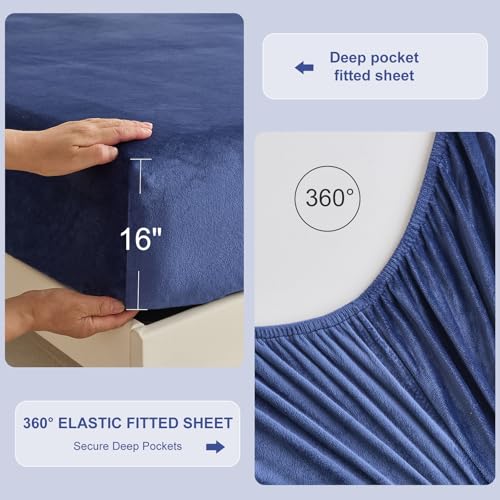 Image of Velvet Plush Flannel Sheet Set - Full Size 4-Piece - Ruffled Edge Design, 16 Inch Deep Pocket, Anti-Pilling & Fade Resistant - 220 GSM Breathable Luxury All-Season Bedding, Navy