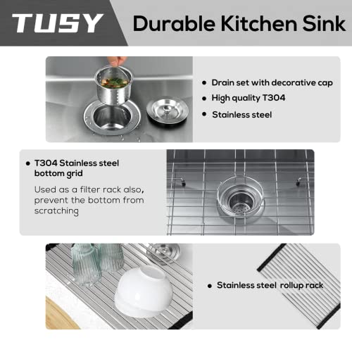 TUSY 30 Inch Workstation Ledge Undermount, 16 Gauge Stainless Steel Kitchen Sink, T-304 Grade Single Bowl with Accessories