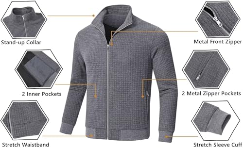 Satankud Men's Jacquard Waffle PlaidCloth Bright Metal Zipper Lightweight Jacket4