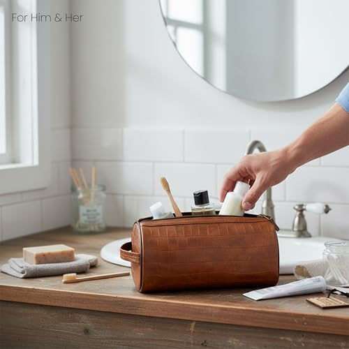 Image of SNDIA 2-Set PU Leather Toiletry Travel Bags for Men and Women, Shaving Kit Bag, Makeup Cosmetic Pouch for Women and Men (Him & Her) Brown