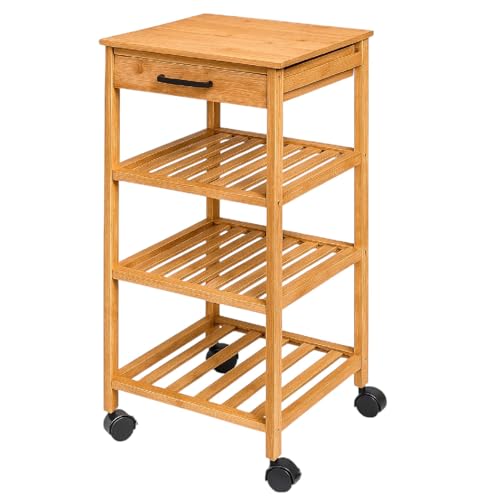 TIENDA EURASIA – Carrito Cocina | con 4 Ruedas de Plástico PP | Medidas 33x33x73 cm | Bambú + Plástico PP | Color Natural y Negro | Estante de 3 Niveles y 1 Cajón