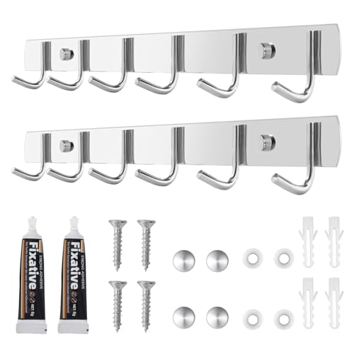 2 Stück Hakenleiste Küche, Garderobenhaken aus 304-Edelstahl, Garderobenleiste mit 6 Haken, Problemlose Installation Kleiderhaken Wand, Kleiderhaken für Küche, Badezimmer, Wohnzimmer, Flur (31cm)