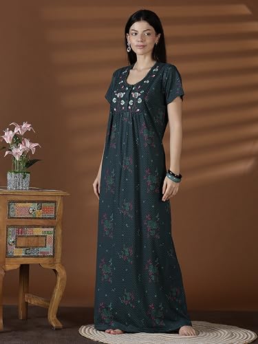 Image of 9shines Label Stylish Cotton Blend Embroidered Maxi Nightdress for Women with Pocket| Full Length Nightwear| Premium Nightdress| Comfortable Nightwear(5256)