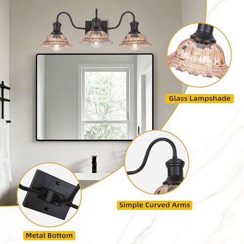 Image of Farmhouse Vanity Lights 3-Light, Black Bathroom Light Fixtures with Amber Glass Shade, Vintage Vanity Lights Over Mirror, Farmhouse Wall Sconce for Bathroom, Vanity Table, Foyer