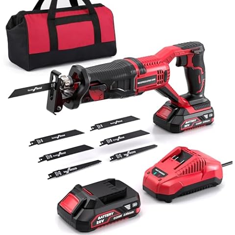 Reciprocating Saw Cordless, 20V Power Reciprocating Saw with Battery and Charger, 3000SPM Compact Reciprocating Saw with 6 Tool-Free Blades for Wood & Metal Cutting (1PC Battery) Cover
