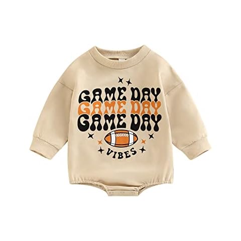 Douhoow Baby Infant Girl Boy Sweatshirt Romper Football Funny Letter Long Sleeve Crewneck Bodysuit Fall Clothes, Khaki Game Day #2, 12-18 Months Cover