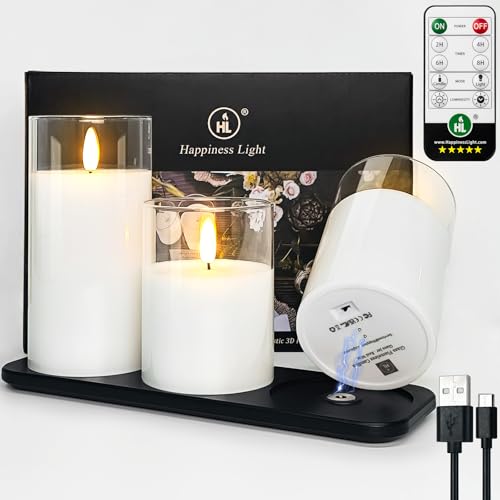 HL Wiederaufladbare flackernde flammenlose Kerzen, Weiß Glas realistische LED batteriebetriebene Kerzen mit Fernbedienung Timer Säulenkerzen für Festival Weihnachten Home Decor 3 Stück