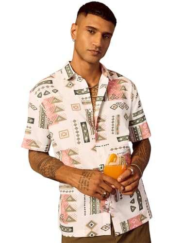 Chemise pour homme imprimée Bewakoof blanche et rose en coton coupe oversize taille M