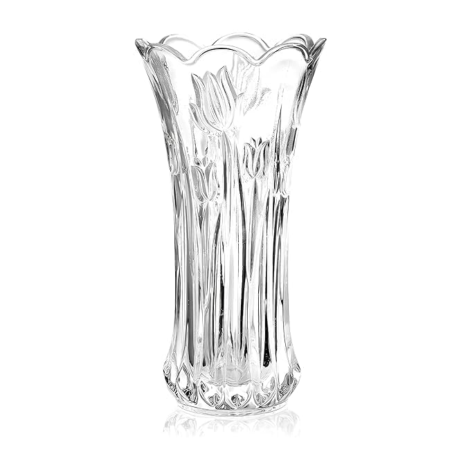 NIXTIL Glass Flower Vase, 9.5" Large Flower Vases for Centerpieces, Modern Clear Heavy Duty Crystal Tall Cylinder Flared Vase for Rose Bouquet, Home, Wedding, Living Room, Office