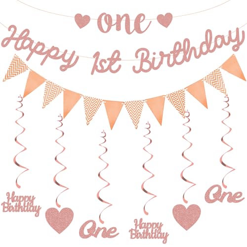 1st Birthday Party Decorations Girls - Rose Gold Happy Birthday Banner Bunting Set with Glitter Garland Baby First Heart Hanging Swirls for One Birthday Party Supplies