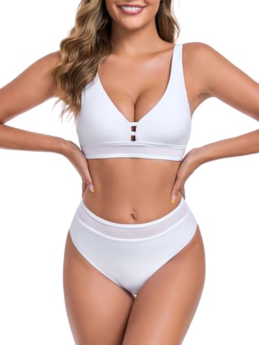Colloyes bikini deux pièces femme col V découpe mesh blanc XL