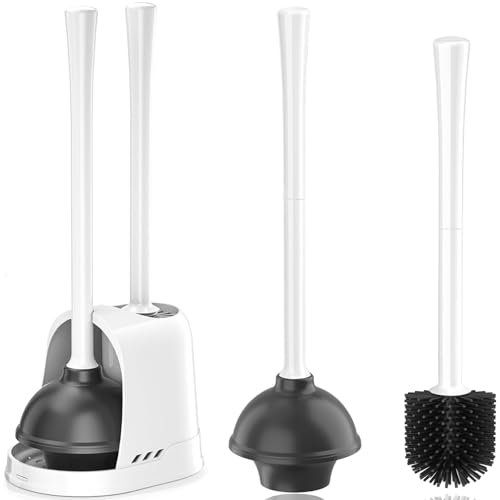 LOVLOY Toilet Plunger and Brush, Silicone Bowl Brush and Heavy Duty Toilet Plunger Set with Ventilated Holder, 2-in-1 Toilet Brush and Plunger Combo for Bathroom Cleaning (White, 1 Set)