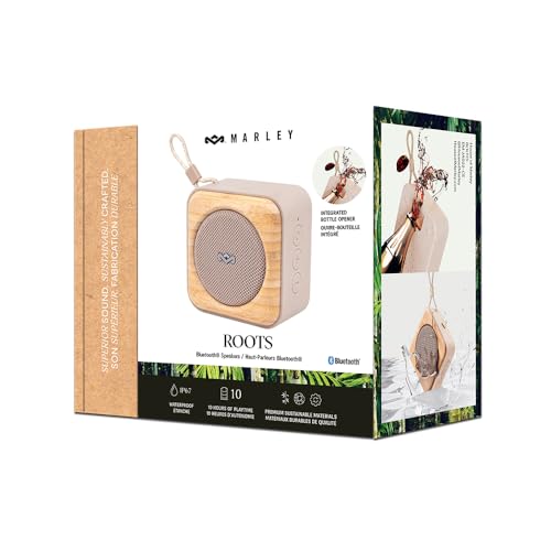 House of Marley Roots Bluetooth Speaker, Portable Wireless, IP67 Waterproof, 10-Hour Playtime, Quick Charge, Party Pair, Bottle Opener, Eco-Friendly, Bamboo Accent (Cream) Great Stocking Stuffer Gift