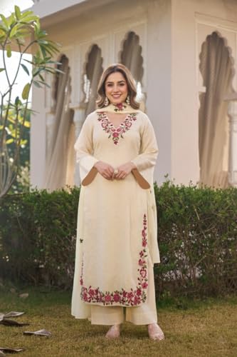 Image of ANNI Designer Kurta Sets for Women Viscose Blend Embroidered | Kurta Palazzo Dupatta Set | Designer Kurti Set for Women | V Neck Full Sleeve Ethnic Suit | Indian Kurta Outfit with Palazzo Pants
