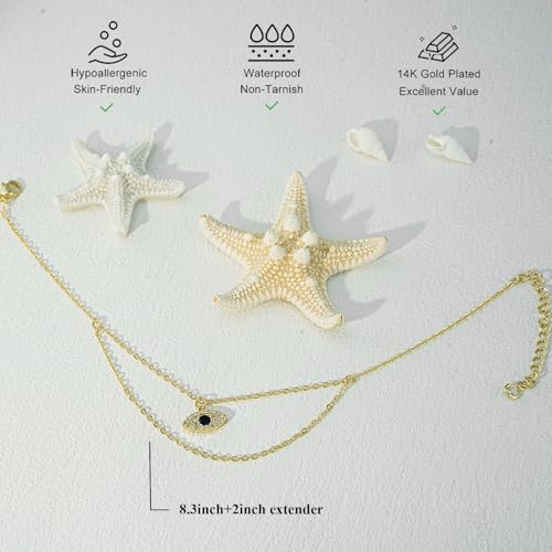 Bheop Ankle Bracelets for Women 14K Real Gold Plated Anklets for Women Waterproof Boho Evil Eye Charm Pendant Layered Double Foot Chain Adjustable Dainty Summer Beach Jewelry Gifts Non Tarnish — view 5