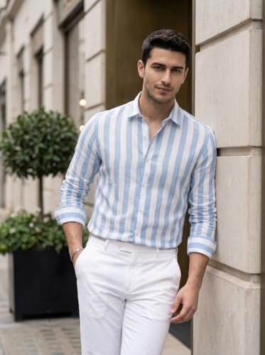 Image of IndoPrimo Men's Striped Cotton Shirt | Slim Fit Stylish Casual Shirt for Man | Full Sleeve Summer Wear Vertical Stripe Shirt for Office, Vacation