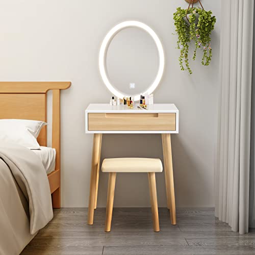 Artethys Small Makeup Vanity Desk With 3 Adjustable Lighted Mirror And Chair, 24 Inch Makeup Vanity Table With Big Drawer Wooden Frame For Small Space #TOP1