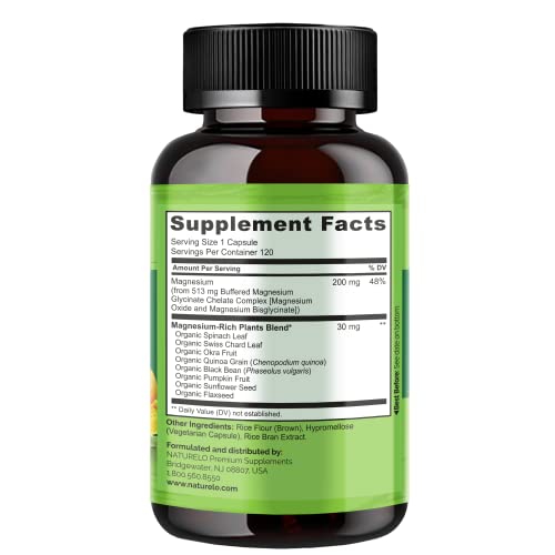 Naturelo Magnesium Glycinate Chelate Complex - 200 Mg Magnesium With Organic Vegetables To Support Sleep, Calm, Muscle Cramp & Stress Relief – Gluten Free, Non Gmo - 120 Capsules #TOP2