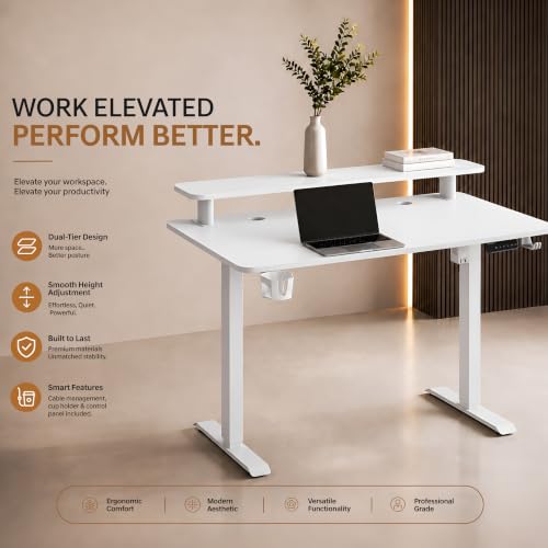 Image of Dr Luxur Zenith Momentum Electric Standing Desk 140 x 60cm | Monitor Riser | One-Piece 15mm Tabletop | Adjustable 70-114cm | 3 Memory Presets | BIS Certified | Child Lock | 5 Year Warranty (Rust)