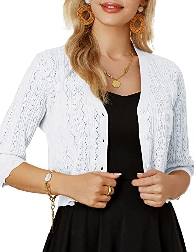 Women’s Cardigan Sweater Hollow Out Knit Shrugs for Dresses Open Front Tops Button Down Lightweight Soft White XL