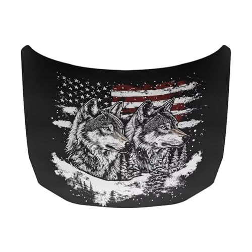 Image of American Flag Gray Wolf Print Car Hood Cover Stretch Polyester Protector for Car Hood Snowproof Automotive Accessories for Most Auto Sedans Trucks Pickup SUVs