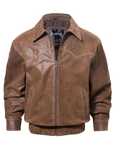 FLAVOR Men Genuine Leather Bomber Jacket Casual Fall Winter Jacket Brown