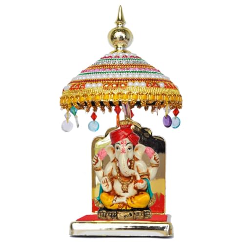 Image of Decorated Adjustable Umbrella Chhatra with Hanging Crystals (20x10x10cm) for God Idol, Car Dashboard Office Desk Table Home Temple Decor Showpiece, Chatri Aasan L -19