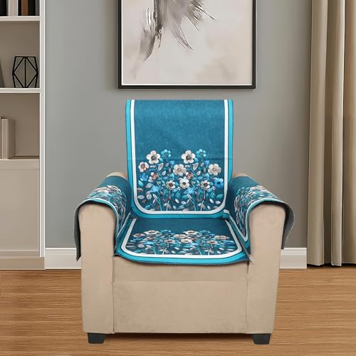 Image of Velvet 3 Seater Sofa Cover with 6 Seat and Back Covers, 2 Hand Rest Covers - Floral Design - Washable Fabric - Stylish Sofa Cover for Modern Living Room (Aqua, 3 Seater With Arm Cover)