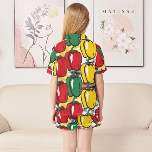 ALAZA Pepper Chili Red Yellow Green Satin Pajamas Set Short Sleeve Button Down Sleepwear Summer Pjs 2 Piece4