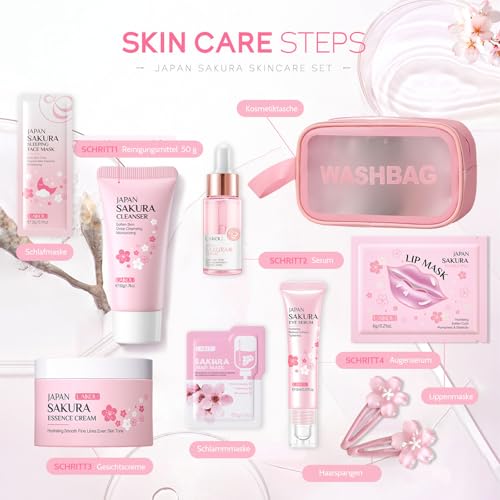 Shefave Sakura Beauty Geschenksets, Skincare Set mit Kosmetiktasche, Serum, Gesichtscreme, Reiniger, Lippenmaske, Haarnadel, Geschenk Teenager Mädchen, Gesichtspflege Set Damen, 9-tlg