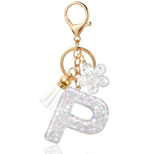 ANHBKAR White Flower Initial Keychain - Resin Letter P Bag Charm for Women, Girls (P-WHITE)