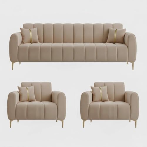 Image of FURNY Harmony 5 Seater Velvet Fabric 3+1+1 Sofa Set (Beige Color) with Golden Finish Legs | Durable & Comfortable | Ideal for Living Room, Offices
