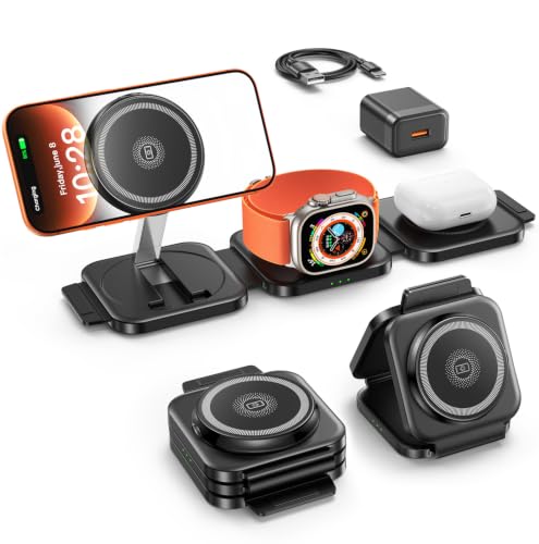 Travel Essentials for Apple Watch Charger 3 in 1 Charging Station for Apple Devices Foldable Wireless Charging Station for iPhone 17/16/15/14/13/12 Apple Watch & AirPods with Magsafe Charger Stand