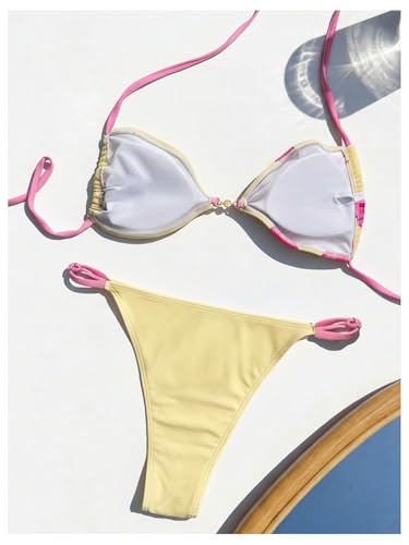 Image of RoseSeek Women's Floral Print Cheeky Bikini Sets Pearl Decor Halter Triangle High Cut String Thong Swimsuits