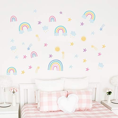 AIEX 58 Stickers Rainbow Wall Decals Pastel Rainbow Clouds Stars Sun Meteor Stickers for Girls Kids Kindergarten Room Nursery Decoration