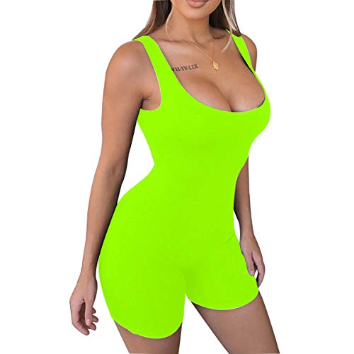 LuFeng Women s Sexy Sleeveless Tank Tops Backless Short Jumpsuits One-Piece Bodysuit Sports Jumpsuit Neon Lime
