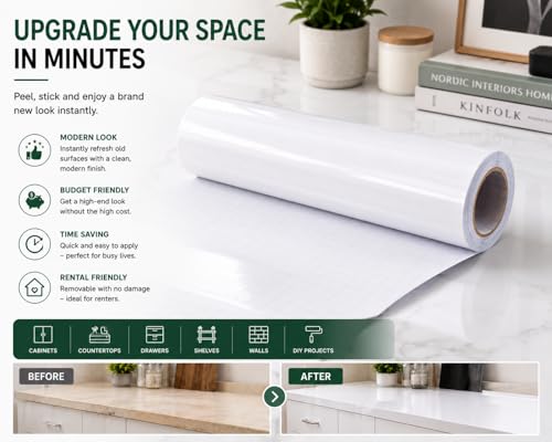 Image of TOTAL HOME White Wallpaper for Kitchen Cabinets, Almirah & Wardrobe Waterproof Oil Proof Self Adhesive PVC Vinyl Peel and Stick Roll for Furniture, Cupboard, Drawers, Table