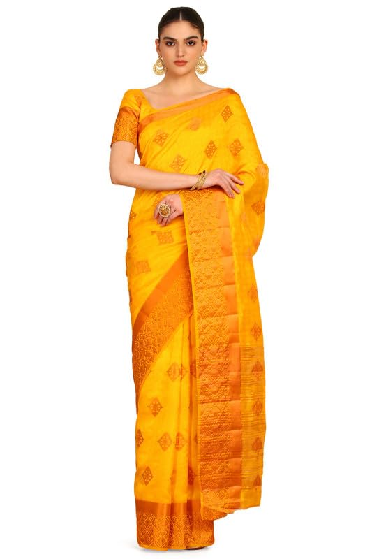 Image of Soch Womens Mustard Geometric Woven Design Brocade Weave Art Silk Saree
