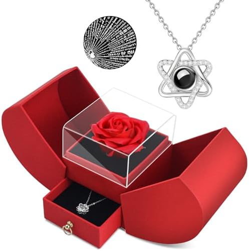 Preserved Real Rose With I Love You Necklace | 100 Languages Projection Pendant | Gift For Her In Luxury Box
