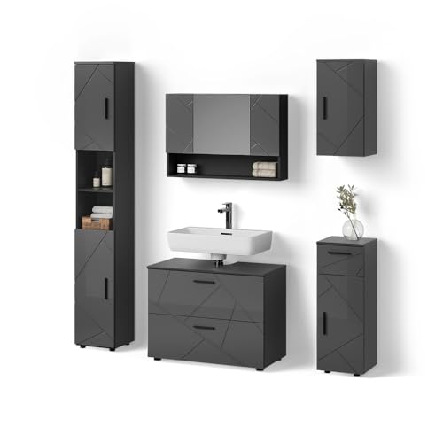 Livinity Badmöbel-Set Ronco, Anthrazit Hochglanz, 5 Teile